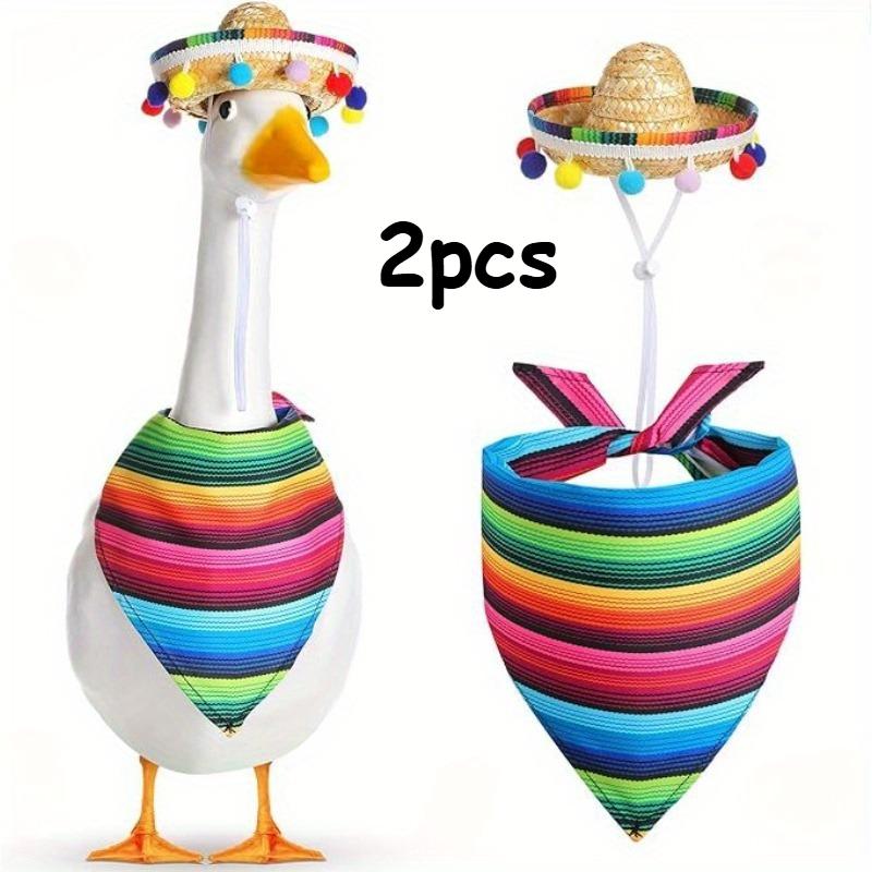 

2pcs(1set) Pet Hat Scarf, drool Towel Porch White Goose Decorative Hat, Decorative Hairball Grass Hat Striped Triangle Scarf