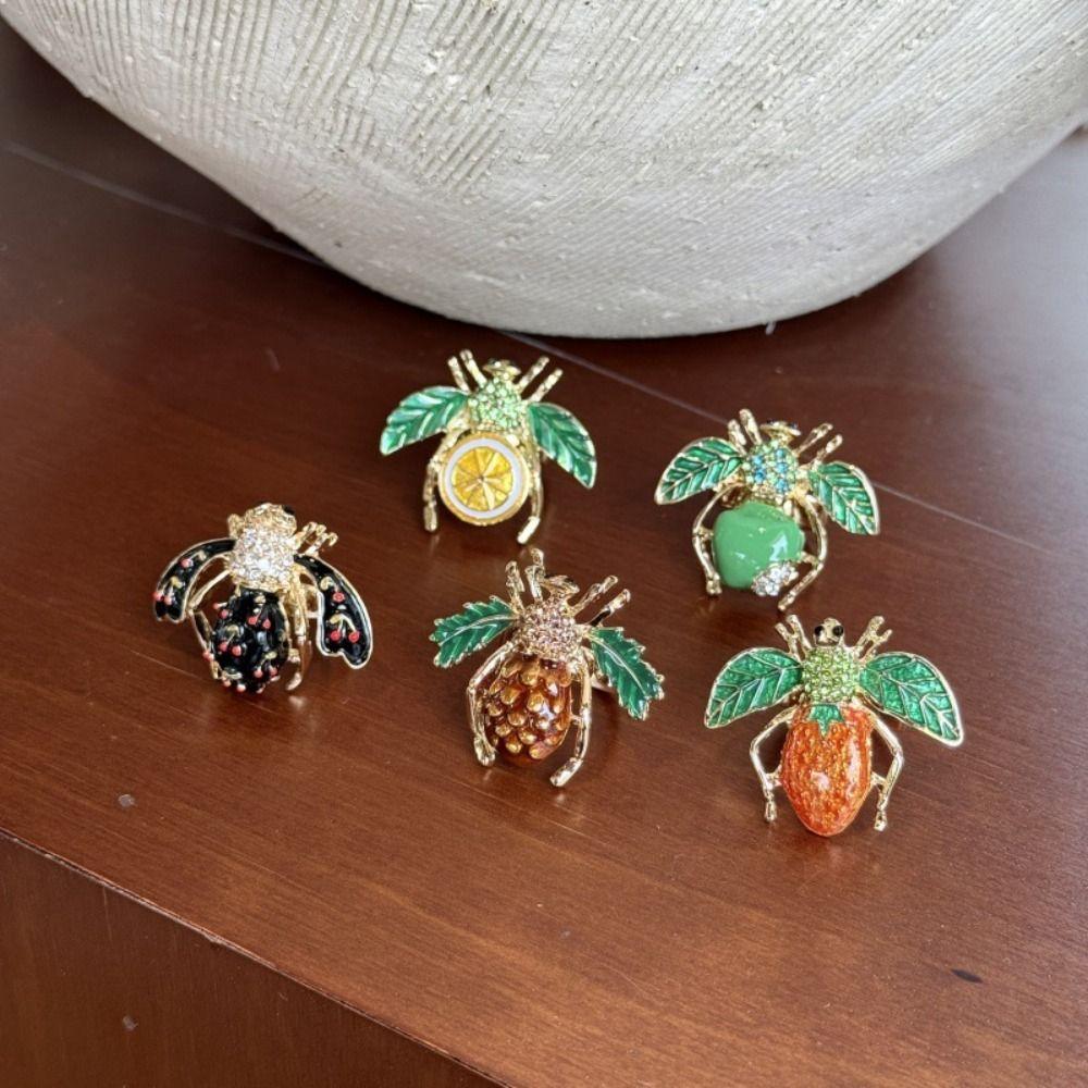 Vintage Geometrische Insect Druipolie Ring Koreaanse Stijl Aardbei Emaille Fruitring Ananas Bij Dikke Emaille Ring Decoratie