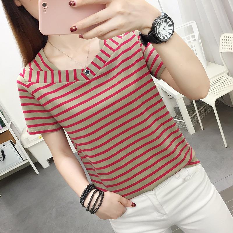 Women's Cotton Short-sleeved T-shirt Women's Summer Loose Striped V-neck Top Half-sleeved