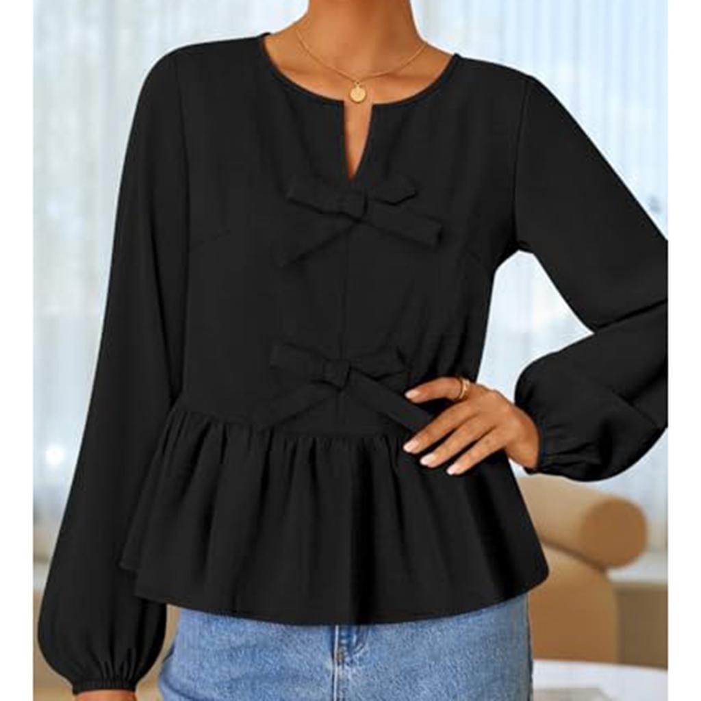 Women's T-shirt Solid Color V-neck Long Sleeved Tied Bow Top