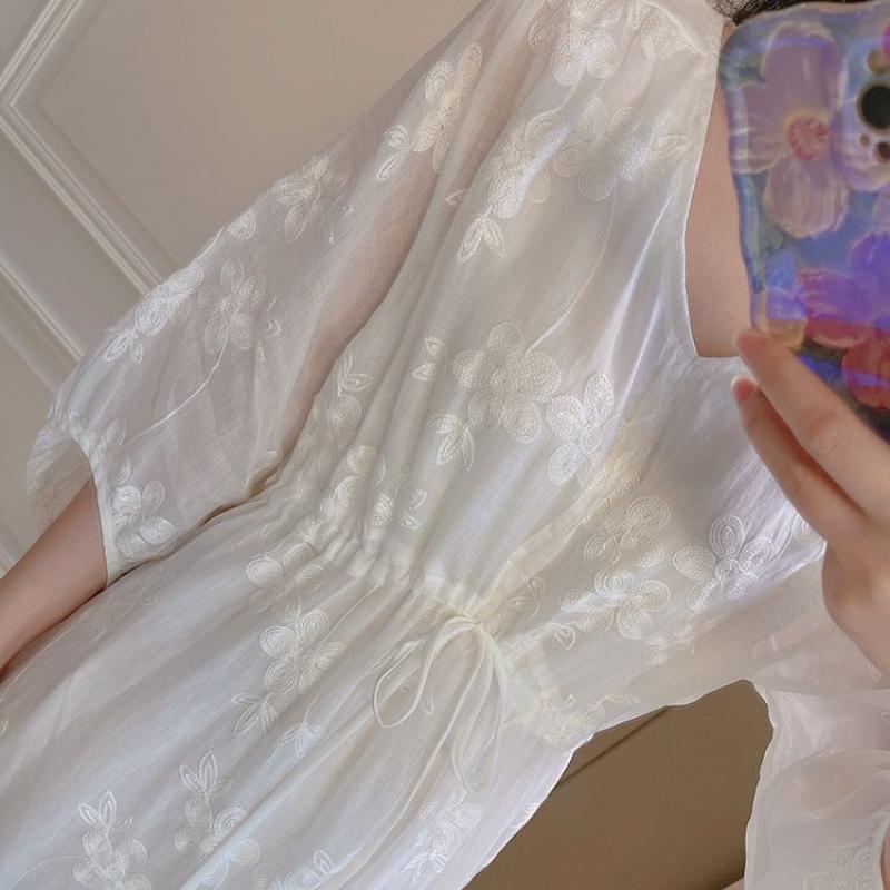 Rochie Ramie Brodată Greu cu Decolteu în V și Talie Cambrată Femei Vară Zen Lungă Literară Retro High-End Bumbac In Fustă Lungă