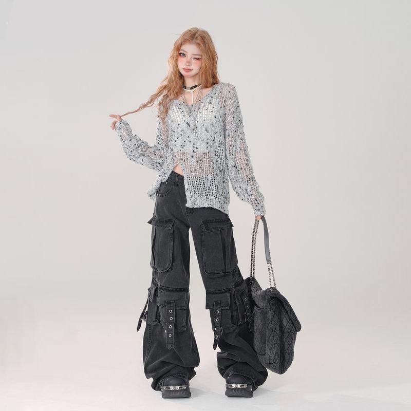Women Y2k Retro Mutil Pockets Cargo Jeans Vintage Gyaru Female Denim Trousers Pants Pantalones