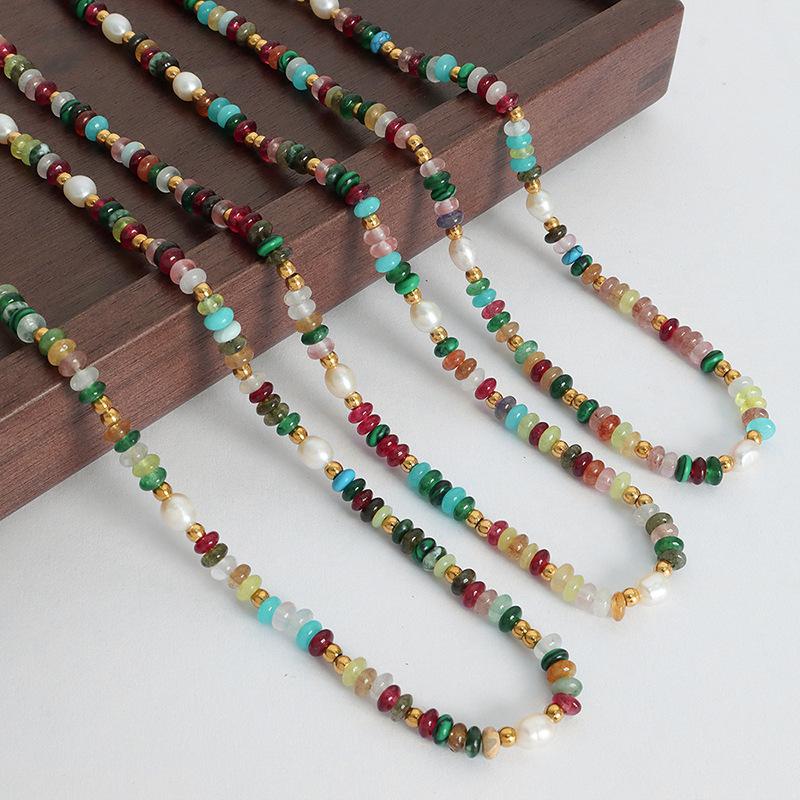 Boho Beaded Necklaces Bracelets For Women Multi Color Natural Stone Beads Stainless Steel Chain Neckalce Bracelet Jewelry Set