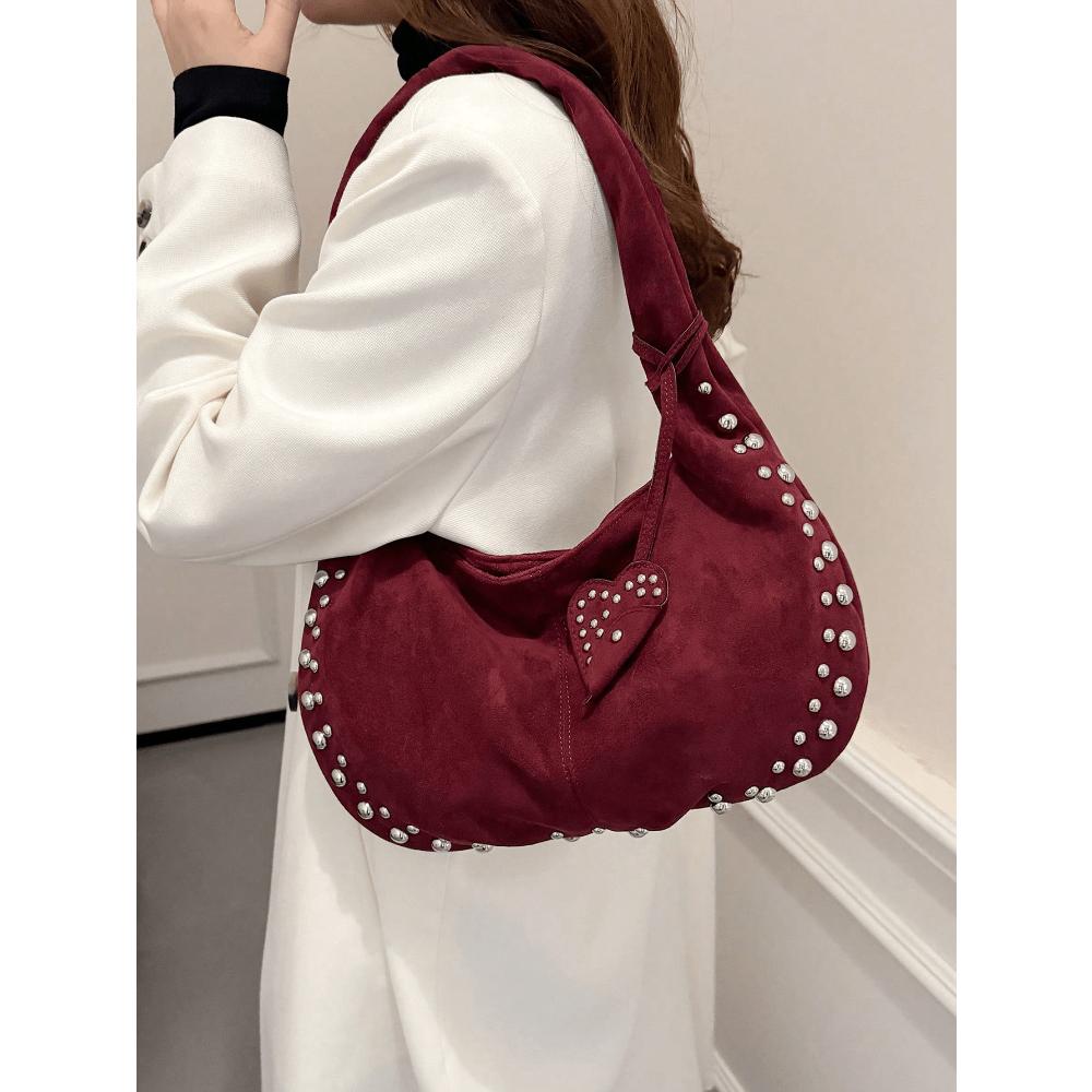 Casual Versatile Suede Rivet Bucket Bag, Fashionable Women Shoulder Bag Suitable For Daily Commute, Dating, Shopping