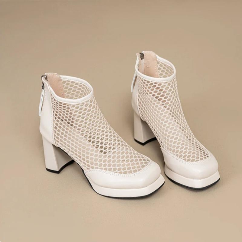 High Heel Cool Boots Summer New Style Round Head Mesh Breathable Rear Zipper Waterproof Table Non-slip Ankle Boots