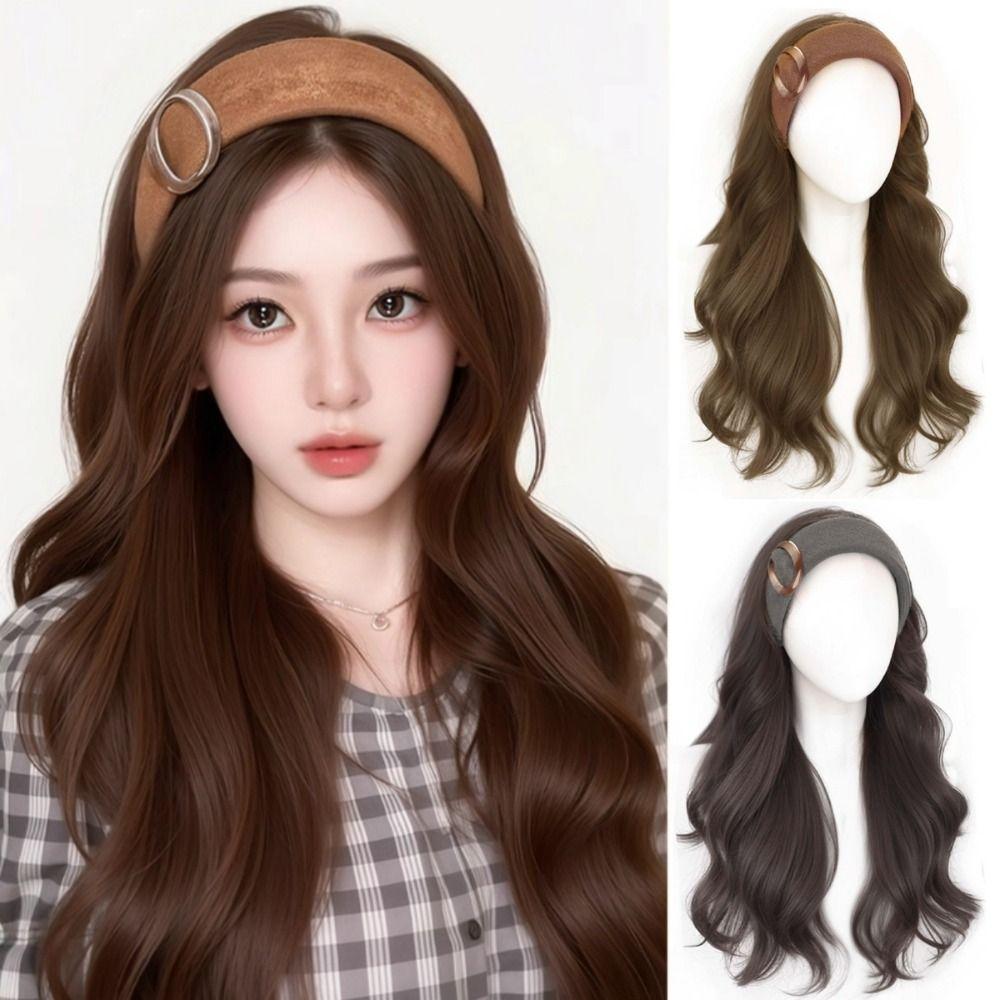 Hair Hoop Half Headband Wig Korean Style Long Wavy Curly Hair Synthetic Velvet Headband Wigs  Women