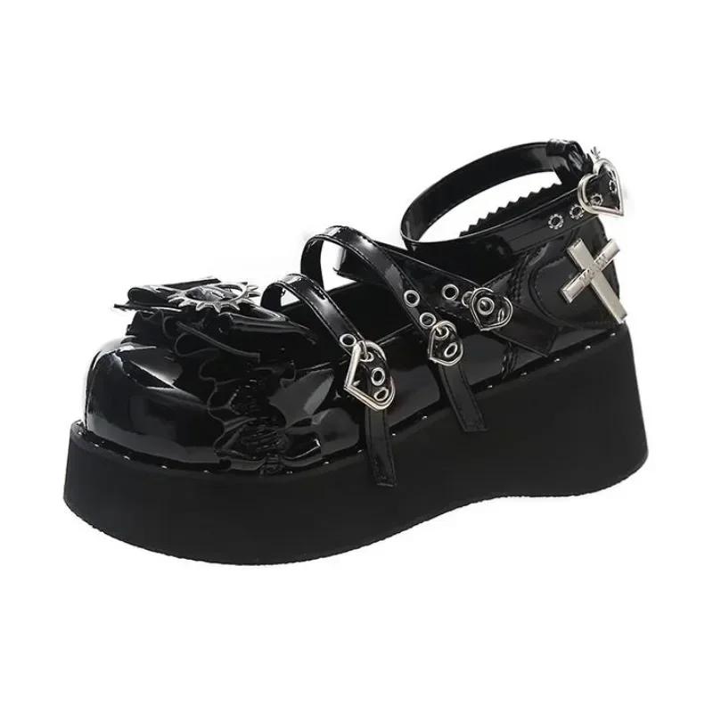 Fashion Japanese Kawaii Punk Goth Chunky Platform Pumps Women Bowtie Wedges Mary Jane Lolita Shoes Woman Heart Ankle Buckle Black Shoes