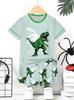 Ensemble T-shirt Manches Courtes Col Rond + Short Garçon Imprimé Dinosaure T-Rex Décontracté Tenue Quotidienne Enfants Âges 1-14