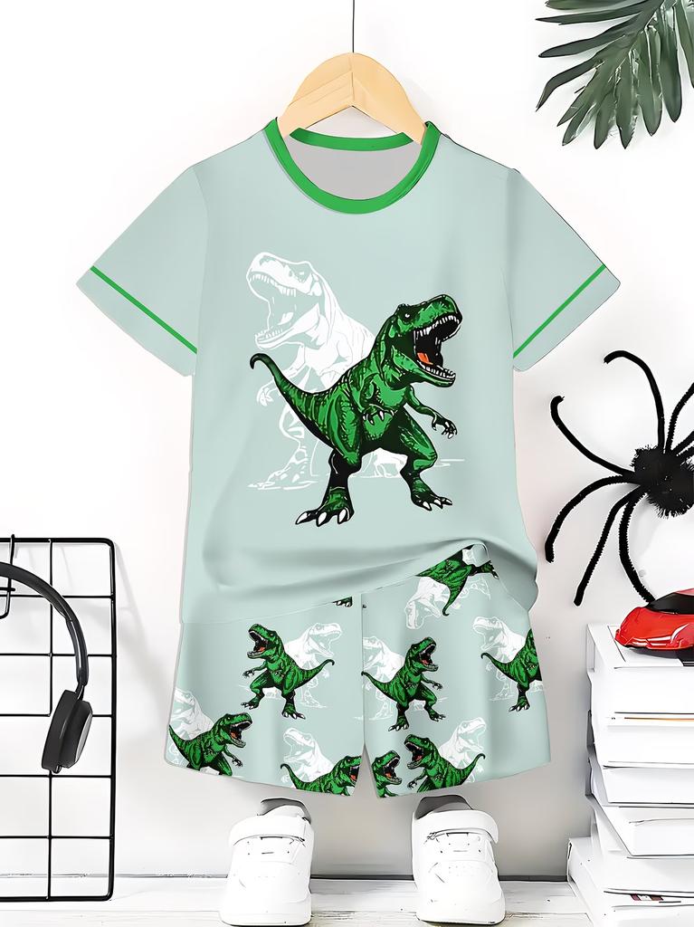 Ensemble T-shirt Manches Courtes Col Rond + Short Garçon Imprimé Dinosaure T-Rex Décontracté Tenue Quotidienne Enfants Âges 1-14