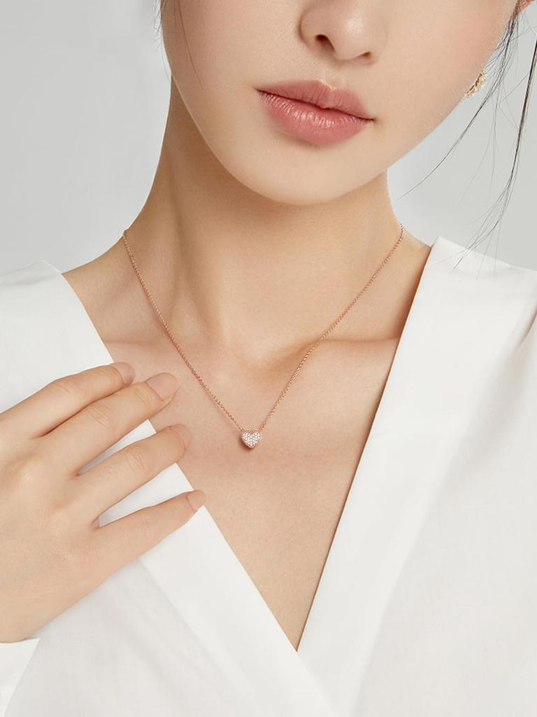 [ChicSilver] Heart Necklace for Women, Pink Gold, Zirconia Pave, Cute, Popular Accessory