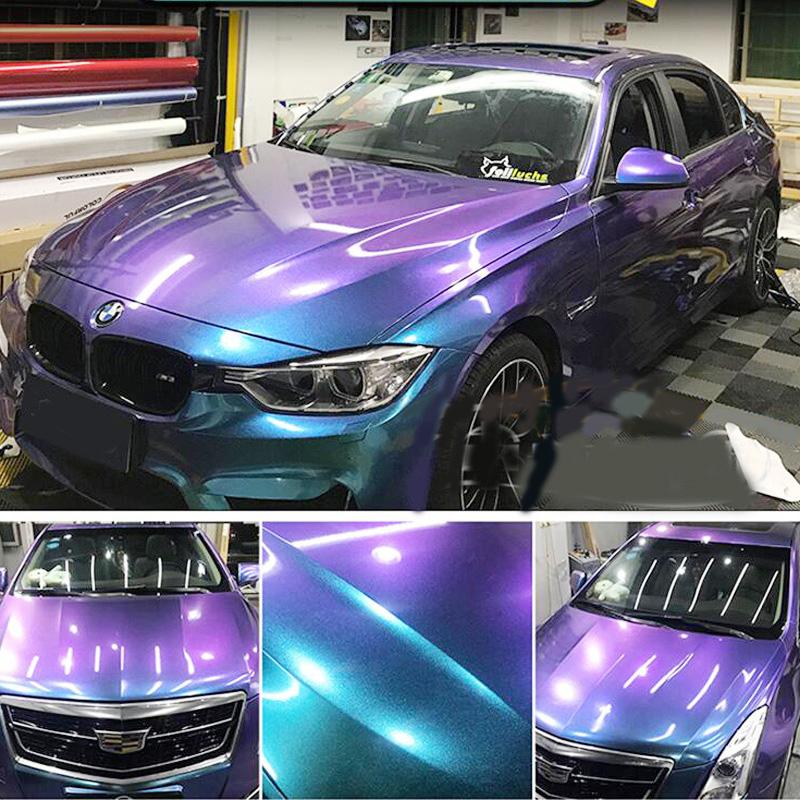 14Mx1.52M Glossy Sparking Diamond Glitter Purple Green Chameleon Vinyl Wrap Car Whole Body Decals Color Changing Film Sticker