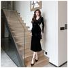 Primavera Otoño Cuello en V Elegante Moda Terciopelo Vestido Negro Mujer Manga Larga Temperamento Cintura Bata Vestidos