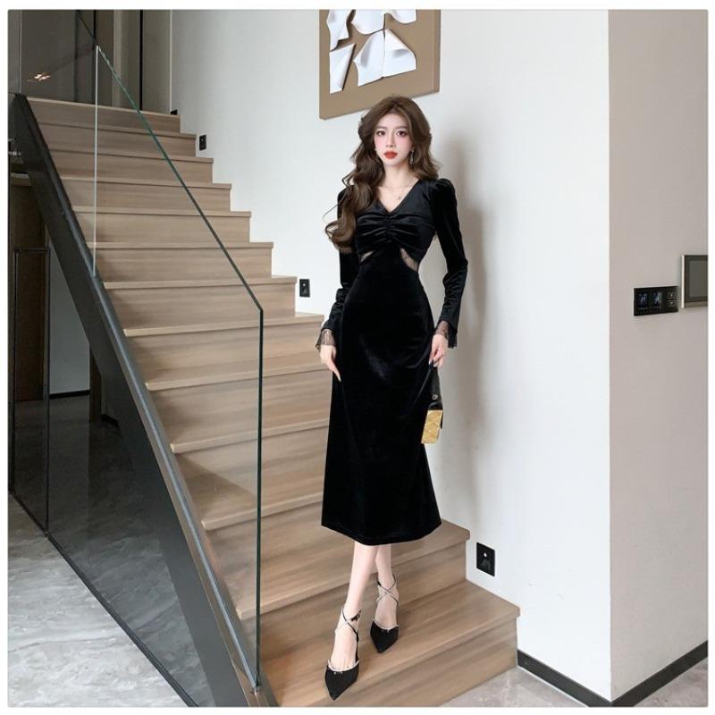 Primavera Otoño Cuello en V Elegante Moda Terciopelo Vestido Negro Mujer Manga Larga Temperamento Cintura Bata Vestidos