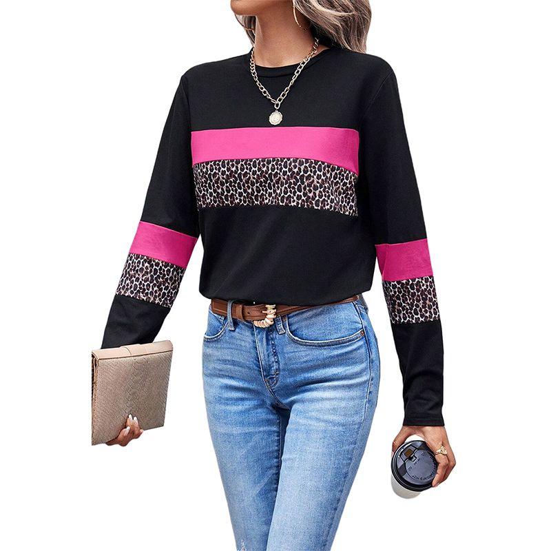 European and American Commuter Versatile Leopard Print Color Matching Long sleeves Shirt Women 2025 Autumn New Loose O-neck pullover Top