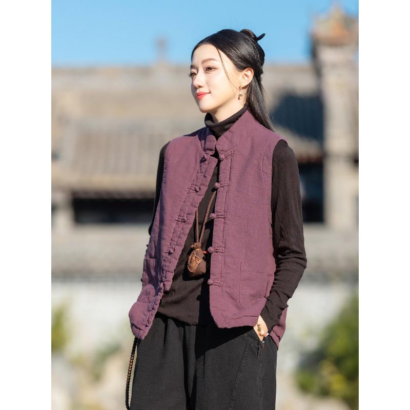 25 Winter new Chinese women's ramie retro disc buckle cotton vest Chinese Tang quilted cotton vest