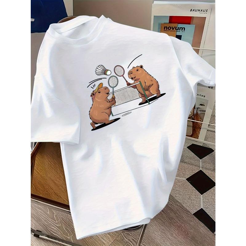 Kids Crewneck Short Sleeve T-Shirt, Cute Capybara Feather Ball Fun Print 110 белый