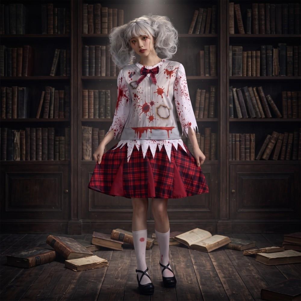 Creepy Halloween Zombie Costume Red Plaid Bloody Dress NPC Zombie Cosplay Costume Halloween