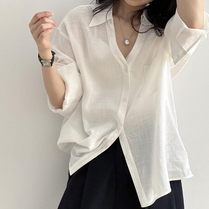 Tencel linen white shirt women's spring, summer and autumn inner French top temperament thin sunscreen cardigan jacket shirt