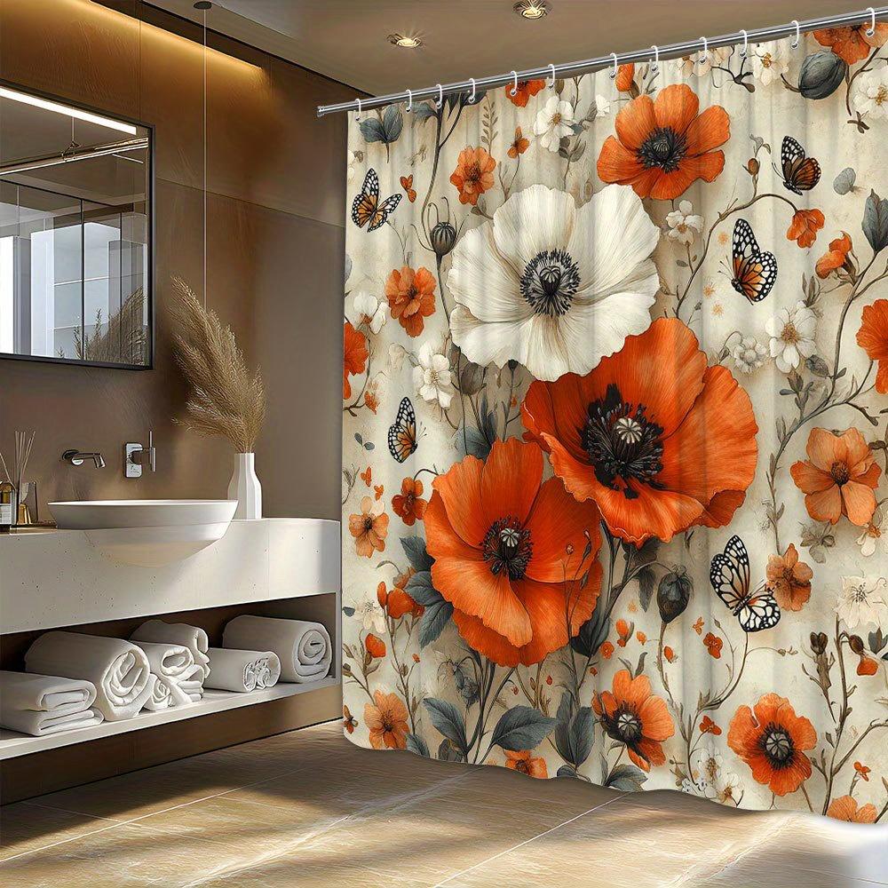 

1pc Vibrant Orange Poppies Shower Curtain - Butterflies & White Flowers, Realistic Floral Design, Elegant Bathroom Decor W90XH180cm