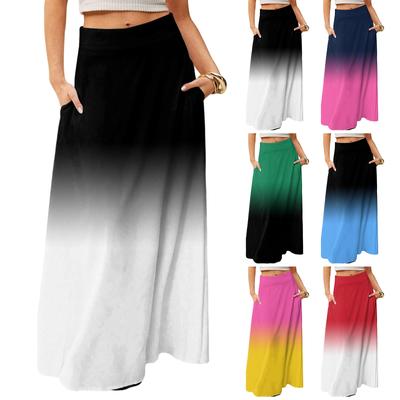 Damen Lässig Freizeit Faltbar Farbverlauf Druck Hohe Taille Mit Tasche Drapierter Entspannter Langer Maxi Rock
