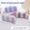 European & American Fashion Striped Plush Pencil Case: Student Stationery & Makeup Storage Bag for Pencils, Lipsticks, and Eyebrow Tools