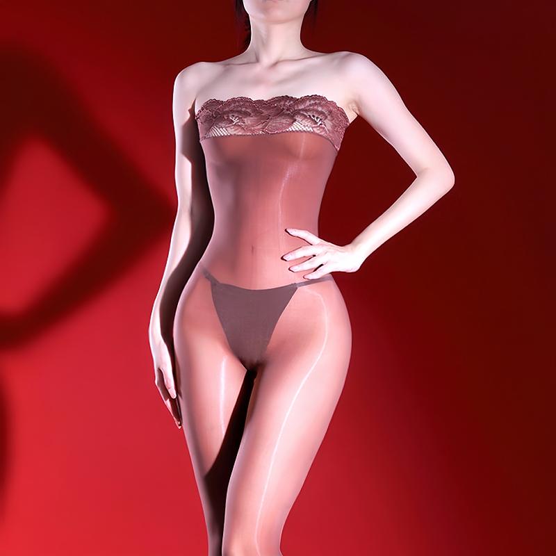 Women Sexy Jumpsuit Off The Shoulder Lace Tube Top Body Stockings 5D Ultra-Thin Perspective Silky Tight Open Crotch Pantyhose