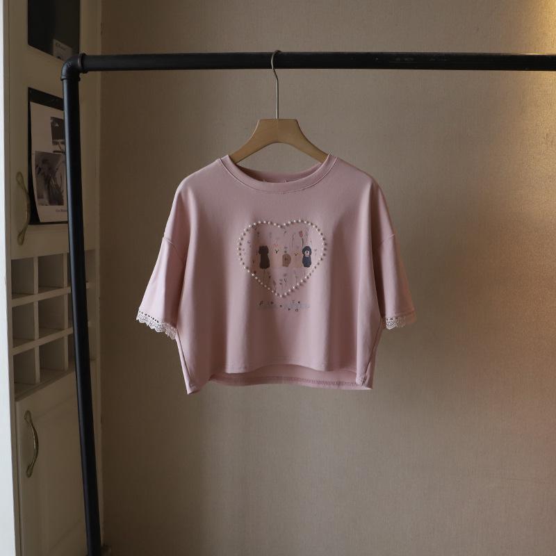 

Летняя женская футболка в корейском стиле с круглым вырезом, принтом щенка и сердечками из бусин, с коротким рукавом, 2025 One Size