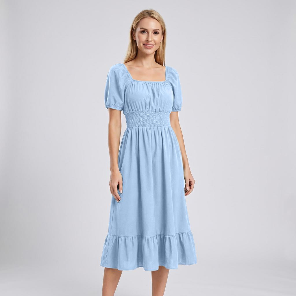 Women Casual Square Neck Short Sleeve Dress Waist Smocked A Line Midi Dress with Ruffle Hem for Everyday Wear