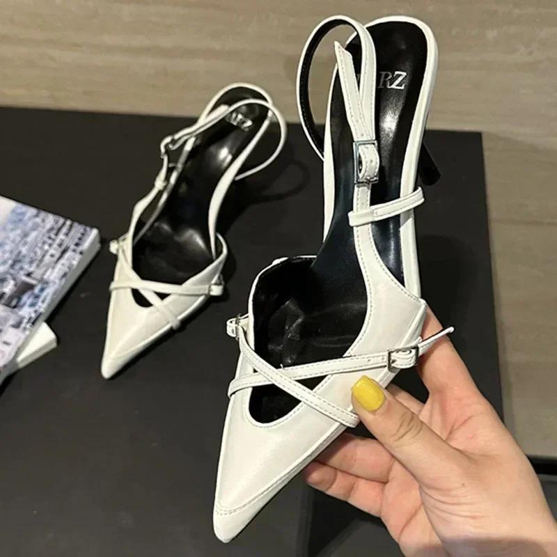 

Летние женские сандалии 2024 года, модные туфли-лодочки с острым носком, неглубоким вырезом, на ремешке-слингбэке, на тонком высоком каблуке, женские zapatos de mujer 39 белый