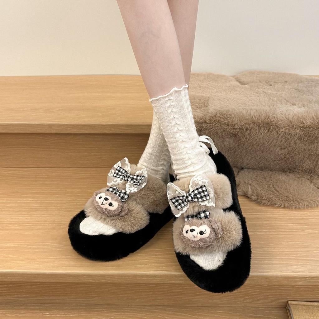 Cute cartoon doll fluffy slippers women's 2025 autumn and winter outer wear thick-soled non-slip cotton slippers women's one-word drag