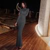 Herbst und Winter Damen Sexy Perspektive Slim-Fit High-Neck Langarm Volltonfarbe Langer Rock Temperament Kleid