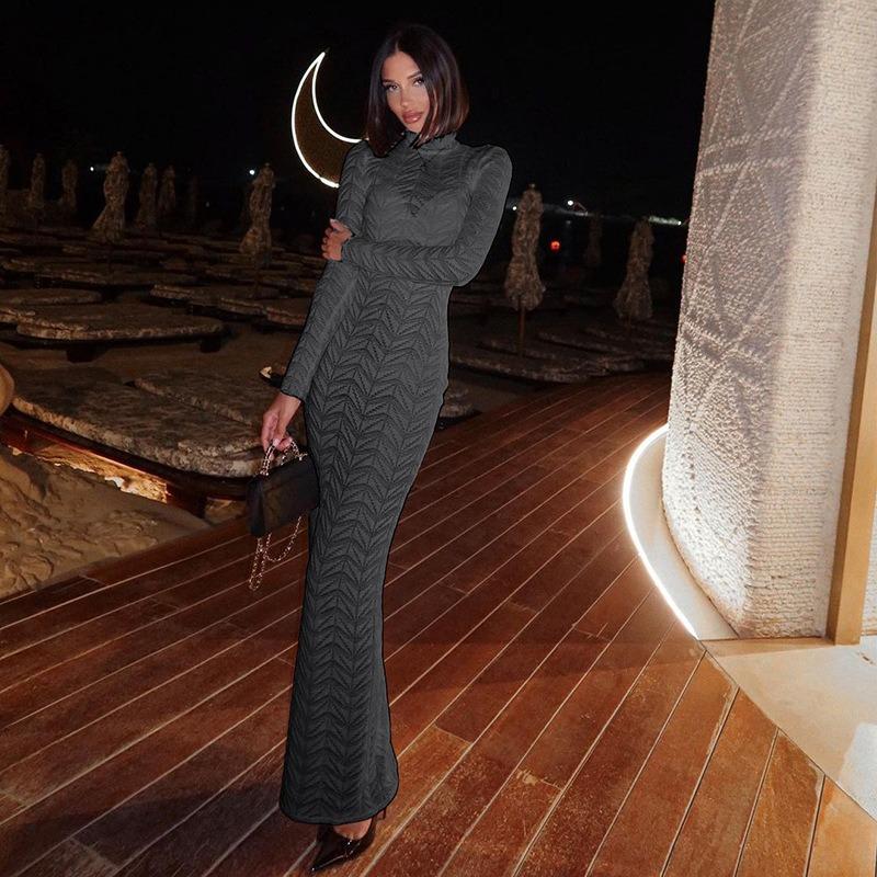 Herbst und Winter Damen Sexy Perspektive Slim-Fit High-Neck Langarm Volltonfarbe Langer Rock Temperament Kleid