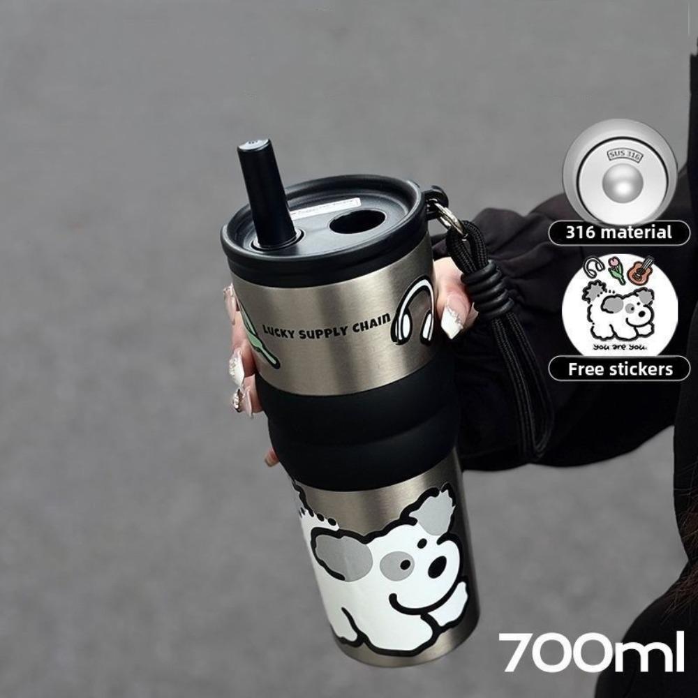 Large Capacity Vacuum Cup 600ML Insulated Cup Cute Thermal Bottle Silver - Stainless Steel