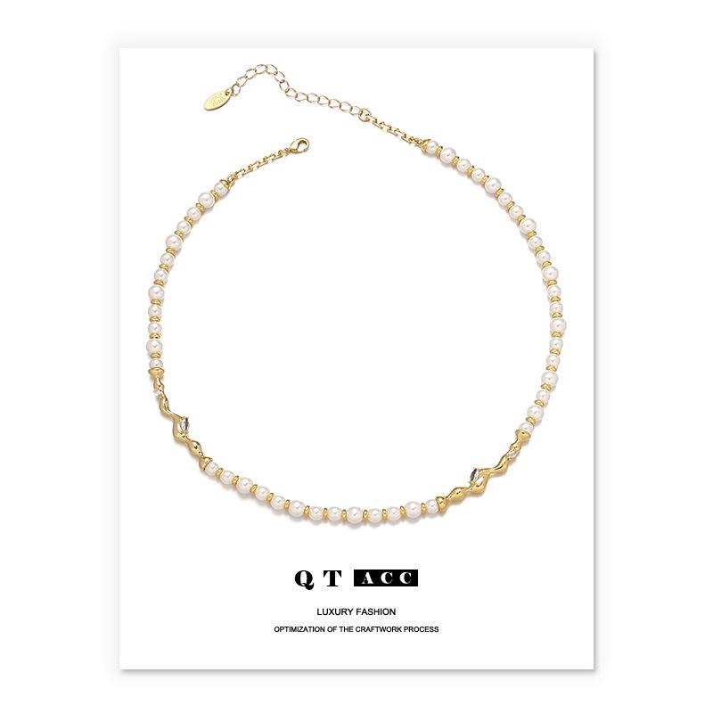 

Французский Ретро Набор Ожерелье и Браслет из Циркона и Искусственного Жемчуга с Вакуумным Покрытием из Настоящего Золота с Высокой Стойкостью Цвета для Женщин