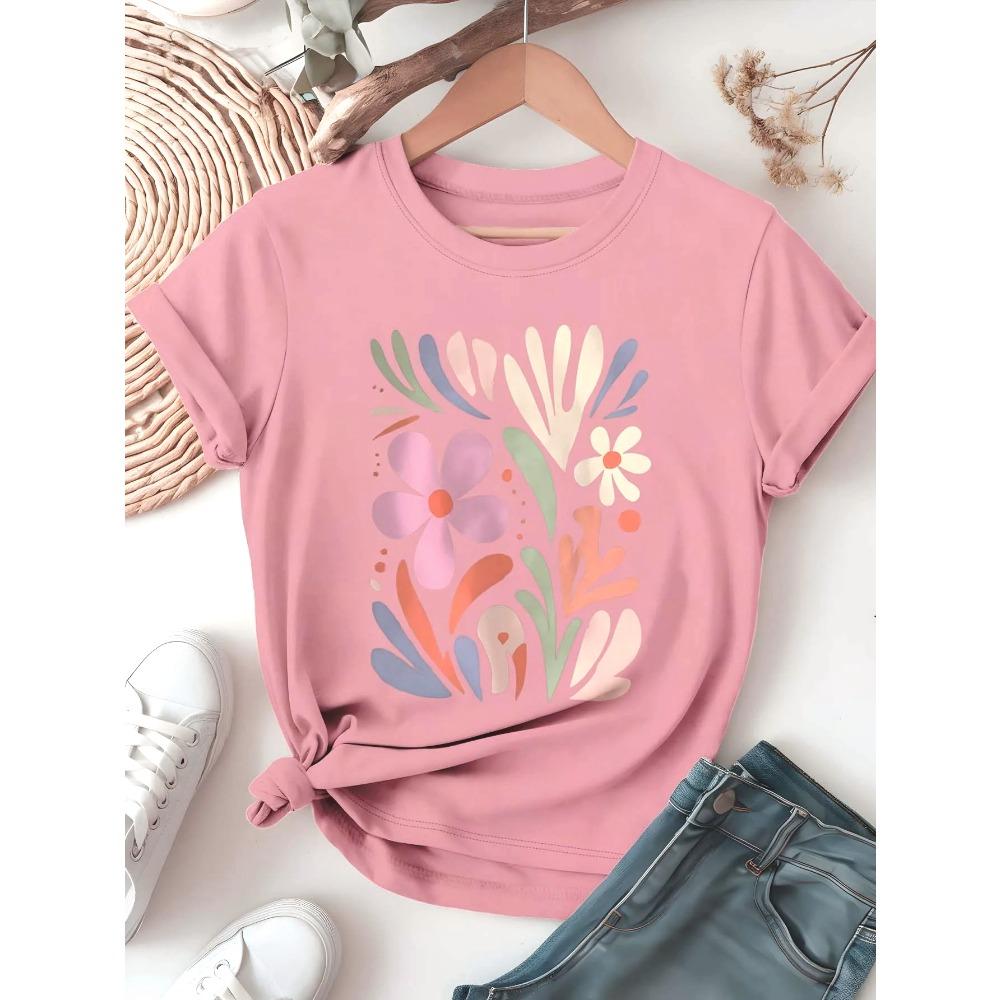 Artistic Floral Patch Graphic Chic Printed Fresh Trendy Summer Short Sleeve Round Neck Tee Fashion Y2k Casual Tshirt Women