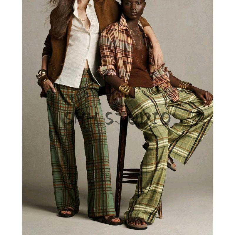 Summer New Product Women's Clothes Casual Air Outlet Pocket Decoration Linen Blend Gingham Mid-Waist Straight Pants 8371029