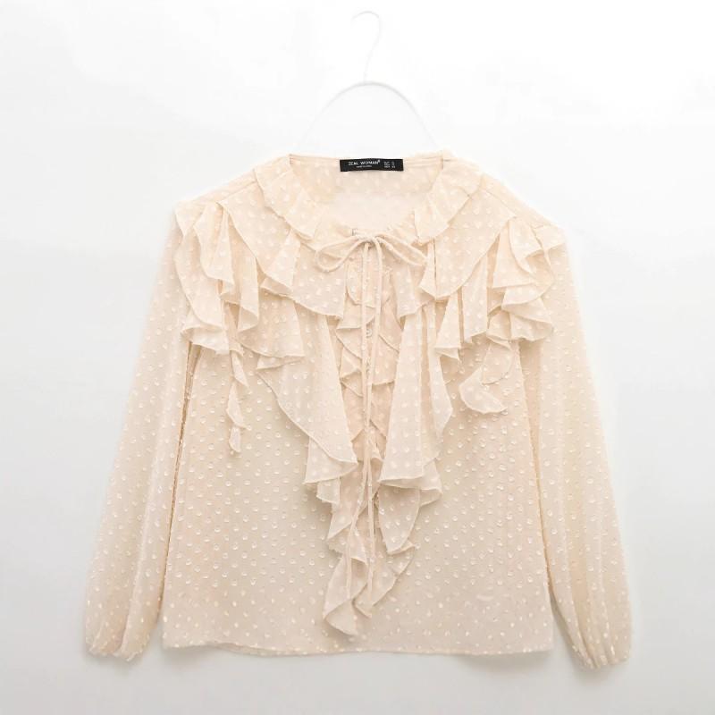 Womens French Chic Long Sleeve Blouse With Layered Tulle Detail Button-Front Shirt Street Style