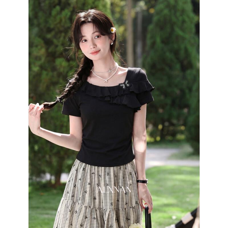 Lù Xiàngnán Designed Ruffled Slim Short Sleeve T-Shirt S