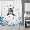 Funny Cat Shower Curtain,Cute Cat Teal Blue Sea OceanShower Curtain Set,Underwater Animal Fabric Shower Curtains for Bathroom