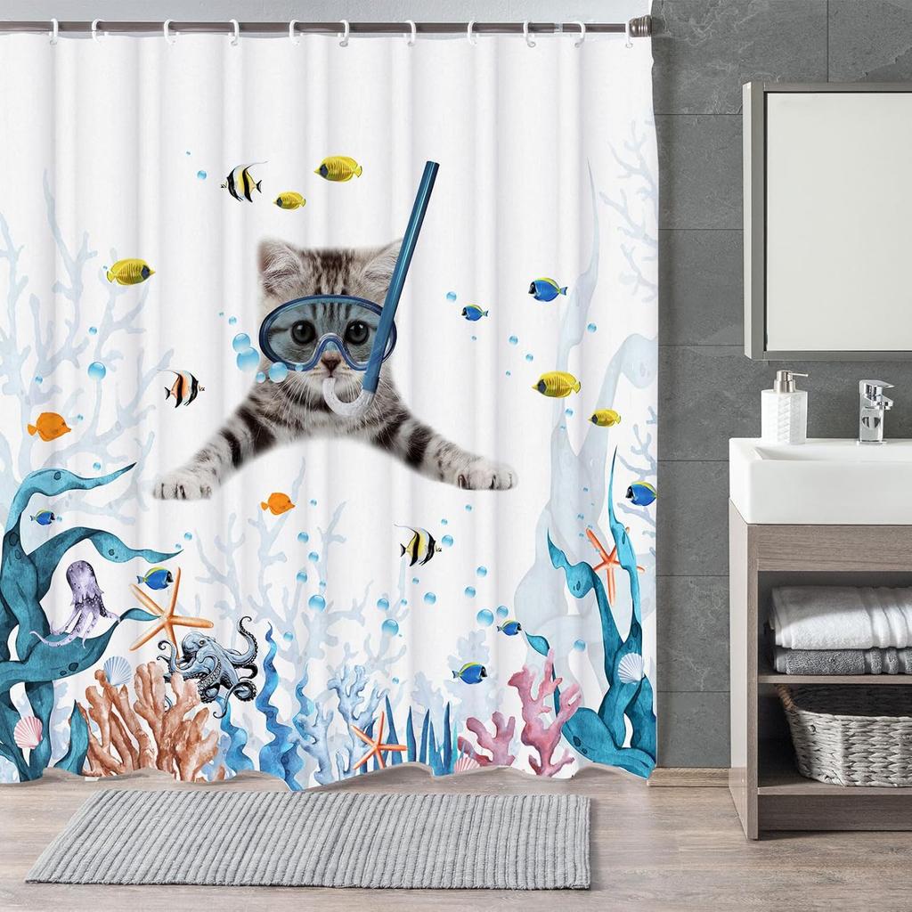 Funny Cat Shower Curtain,Cute Cat Teal Blue Sea OceanShower Curtain Set,Underwater Animal Fabric Shower Curtains for Bathroom