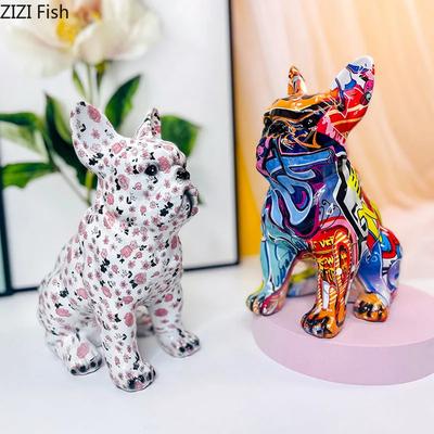Colorful Graffiti Bulldog Statue Punk Artwork Resin Dog Sculpture Desk Decoration Ornaments Room Aesthetic Decor Furnishings