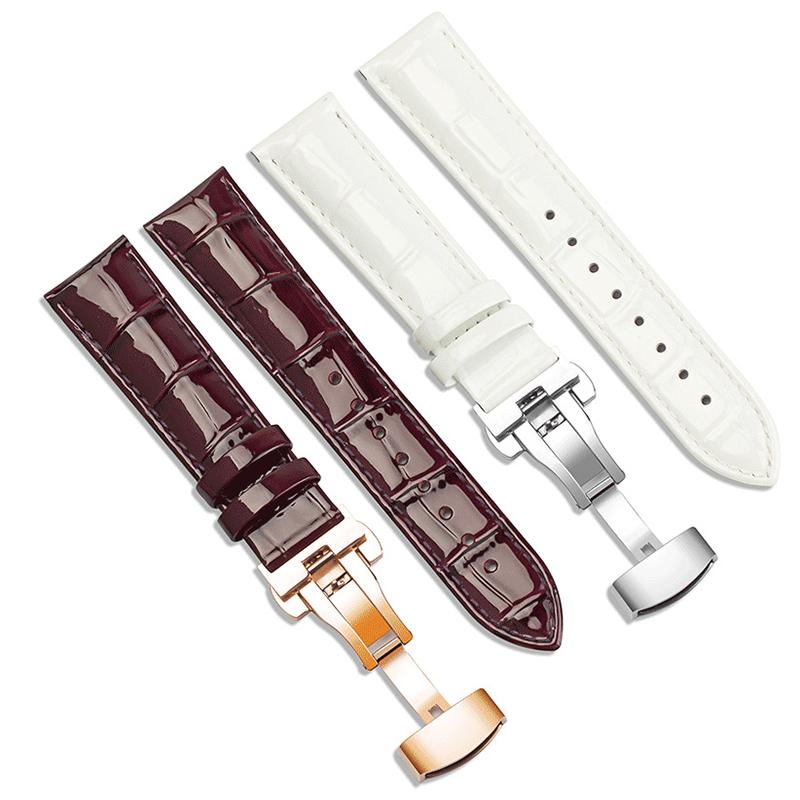 Uhrenarmband aus echtem Leder, 12 mm, 14 mm, 16 mm, 18 mm, 20 mm, Rot, Schwarz, Weiß, Lila, Uhrenarmband, Schmetterlingsschnalle, glänzendes Band, Handgelenksgurt