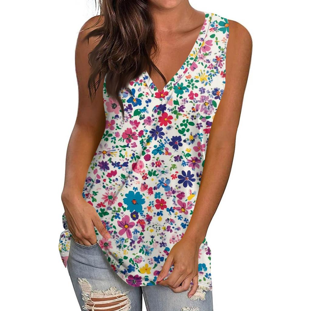 Women's Casual Fashion V-Neck Sleeveless Pullover Top Printed Vest T-Shirt