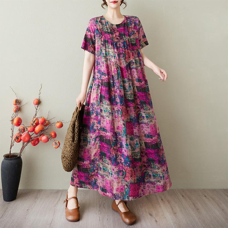 

DIMANAF 2025 Summer Women Vintage Printing Linen Plus Size Long Dress Short Sleeve Casual O-Neck Basic Loose Dress One Size фиолетовый