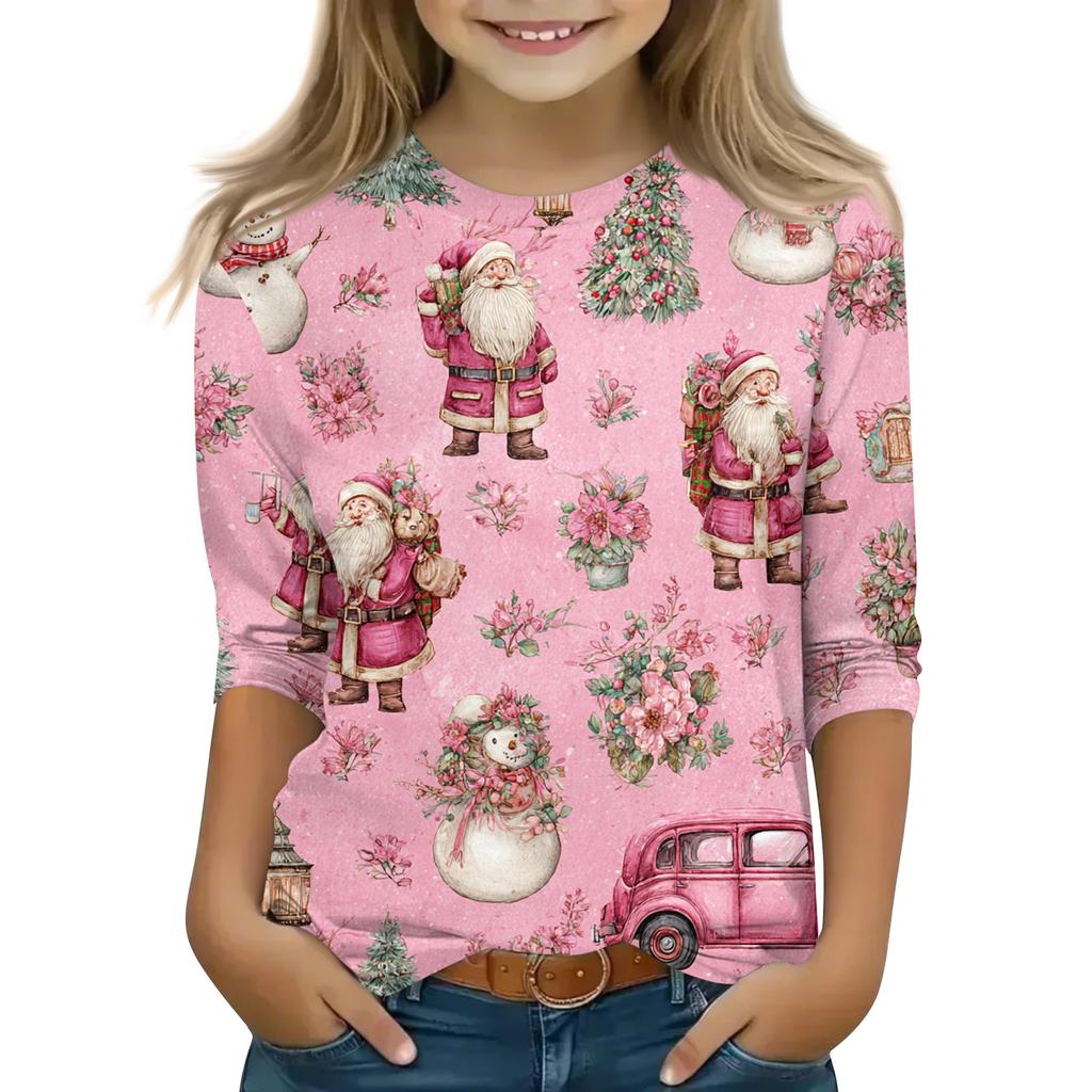 Vánoční potisk Topů pro dospívající dívky 4-11 let Kulatý výstřih 3/4 rukávy Módní topy Outfit Trička