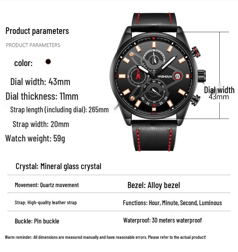YASHIDUN Men's Multifunctional Luminous Waterproof Leather Watch