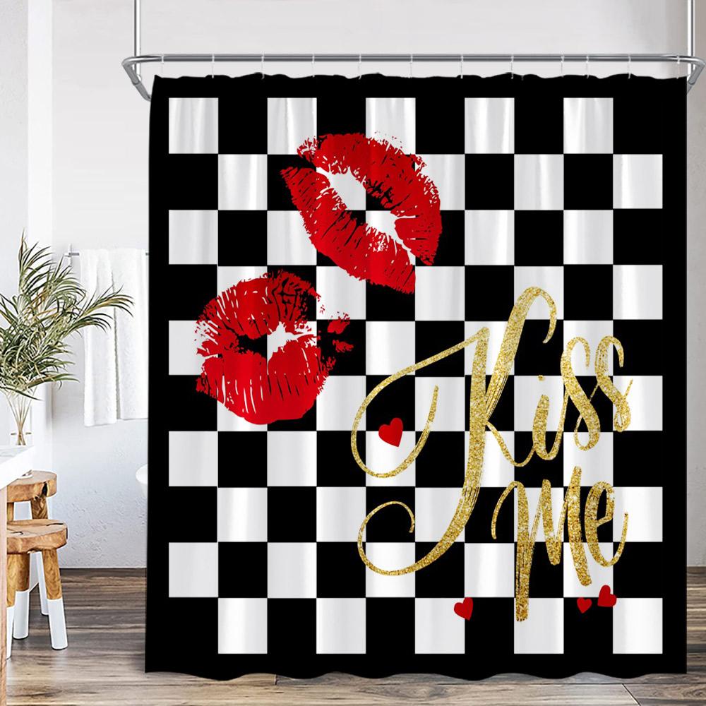 Perfume Black White Stripes Shower Curtains Pink Flowers Beauty Red Lips Leopard Bathroom Decor Modern Polyester Bath Curtains