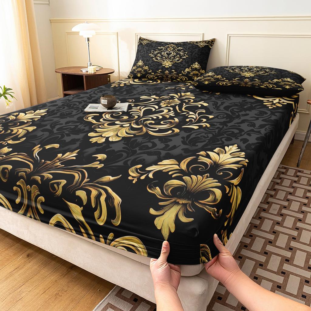 3pcs Black White Floral Digital Printed Fitted Sheet, for Home Bedroom Dormitory and Hotel Use (1 Fitted Sheet + 2 Pillowcases)