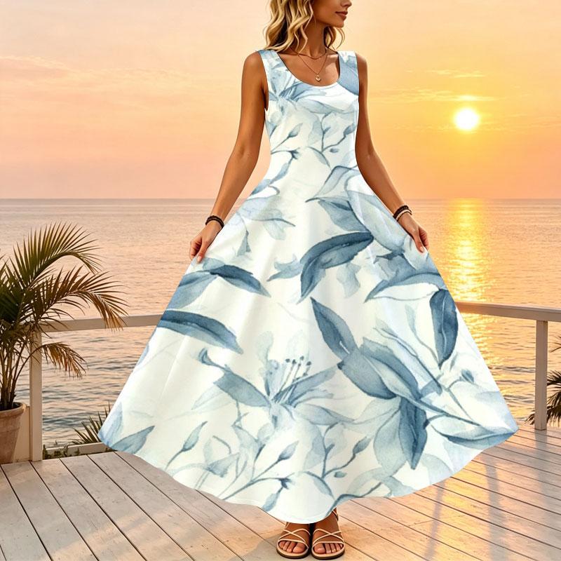 Women's U-Neck Sleeveless Maxi Dress,Lightweight Fresh Blue & White Summer Dress with Full Skirt,Elegant for Beach Vacation & Daily Casual Wear