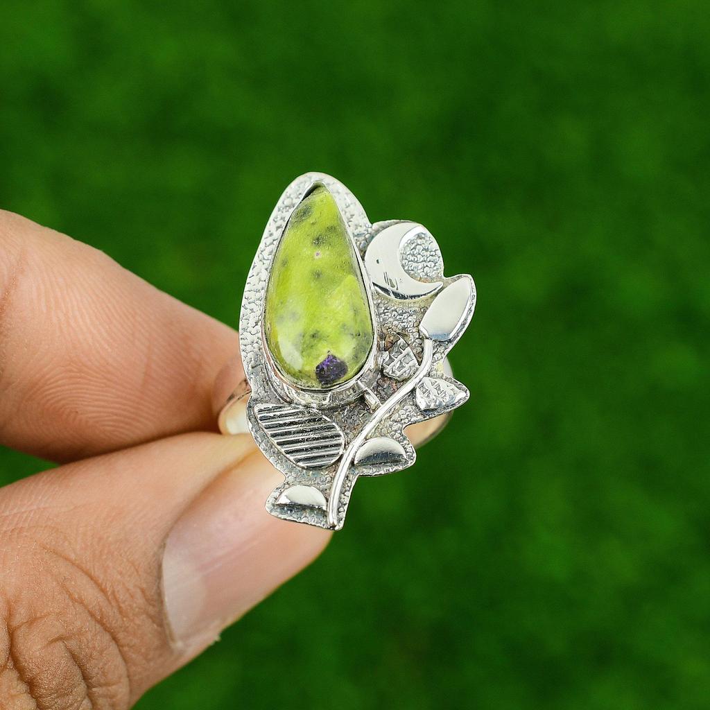 925 Silver Pear Natural Stichtite New Bezel Promise Cescent Moon Ethnic Ring
